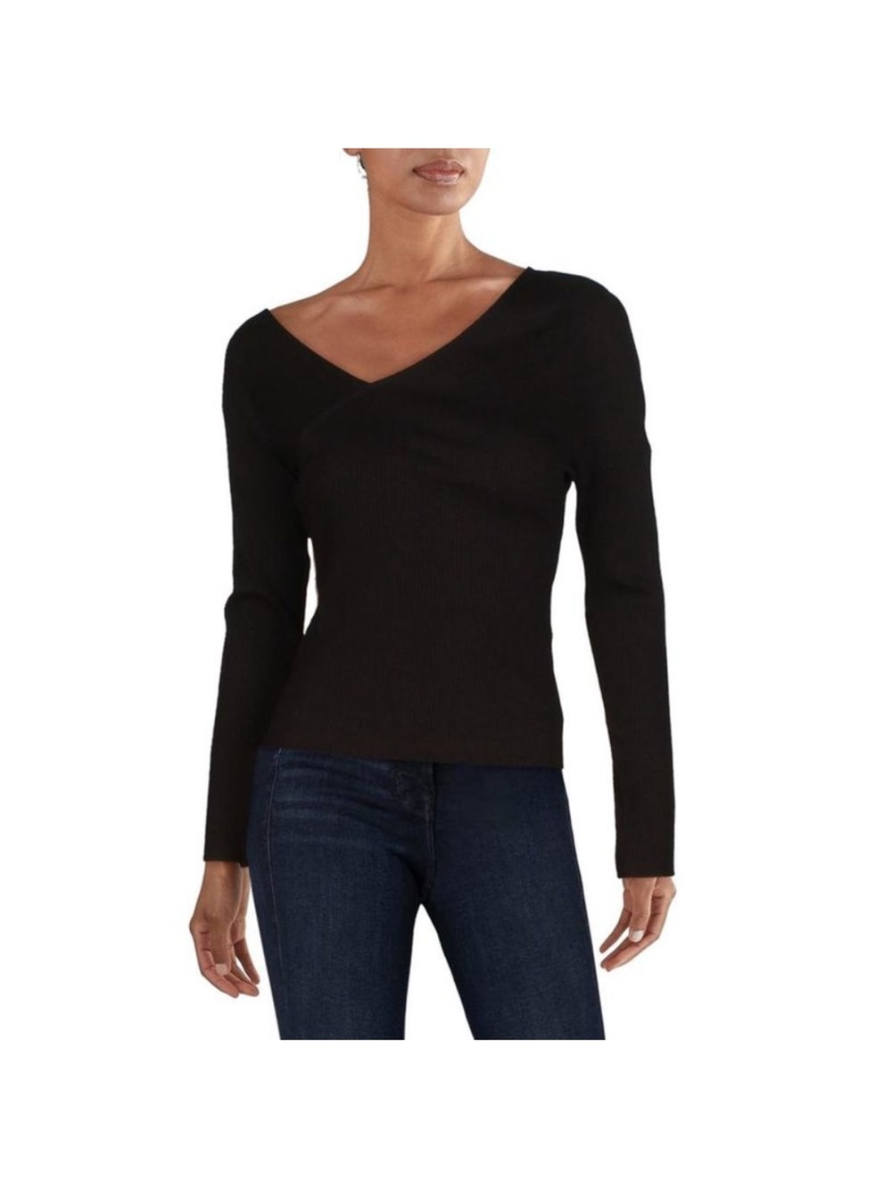 The Range Long Sleeve Tilted Top Black ribbed knit off shoulder Sz L